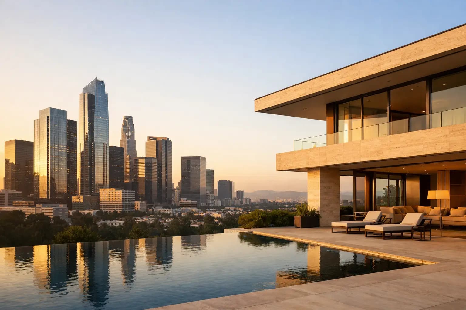 City buildings and a modern property at sunset